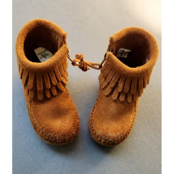 MINNETONKA Toddler Size 3 Kids Double Fringe Zip Suede Ankle Boot Brown 1292 - Picture 13 of 16